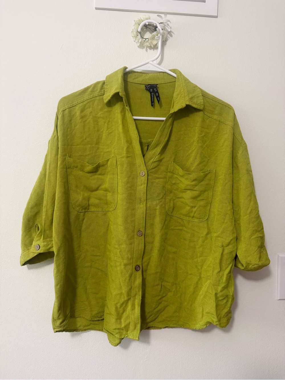 3Pommes Lime Green Casual Button-Down Shirt missing one button